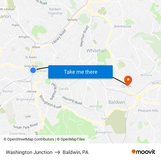 Washington Junction to Baldwin, PA map