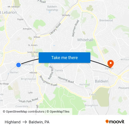 Highland to Baldwin, PA map