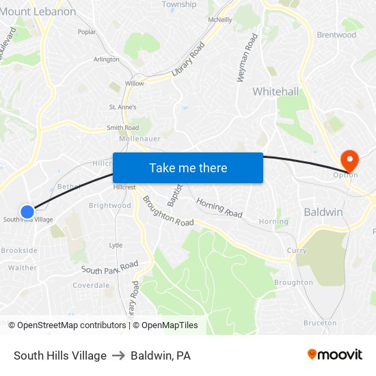 South Hills Village to Baldwin, PA map