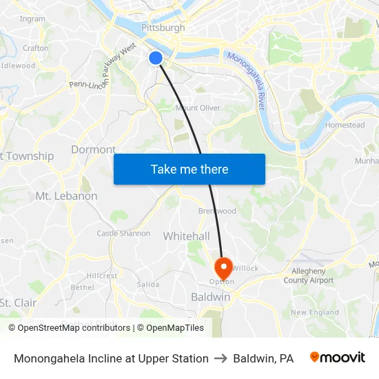 Monongahela Incline at Upper Station to Baldwin, PA map