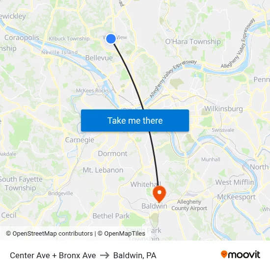 Center Ave + Bronx Ave to Baldwin, PA map