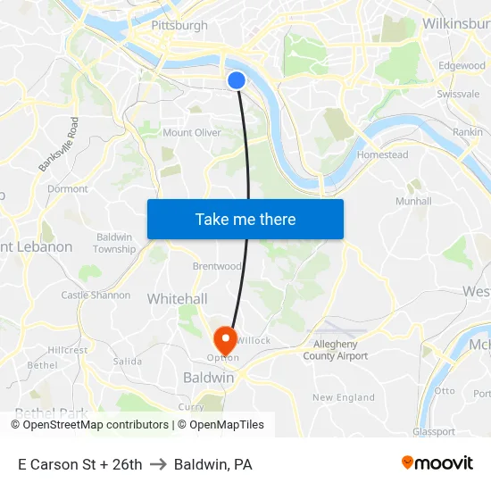 E Carson St + 26th to Baldwin, PA map