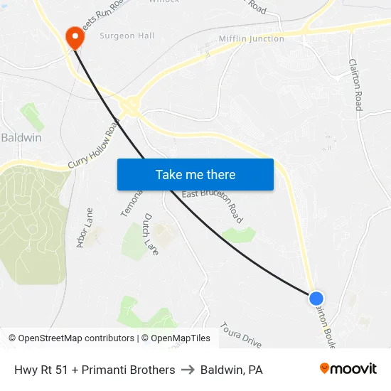 Hwy Rt 51 + Primanti Brothers to Baldwin, PA map