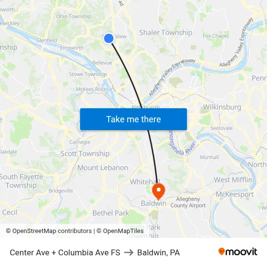 Center Ave + Columbia Ave FS to Baldwin, PA map