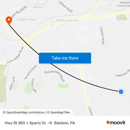 Hwy Rt 885 + Spartz Dr to Baldwin, PA map
