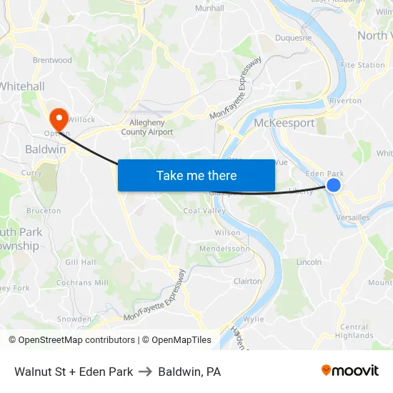 Walnut St + Eden Park to Baldwin, PA map