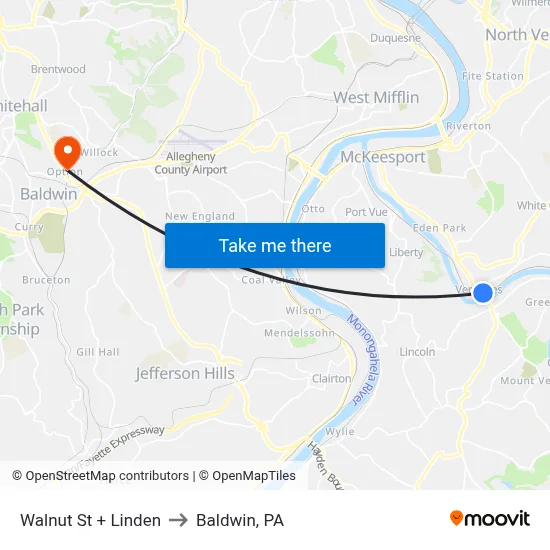 Walnut St + Linden to Baldwin, PA map