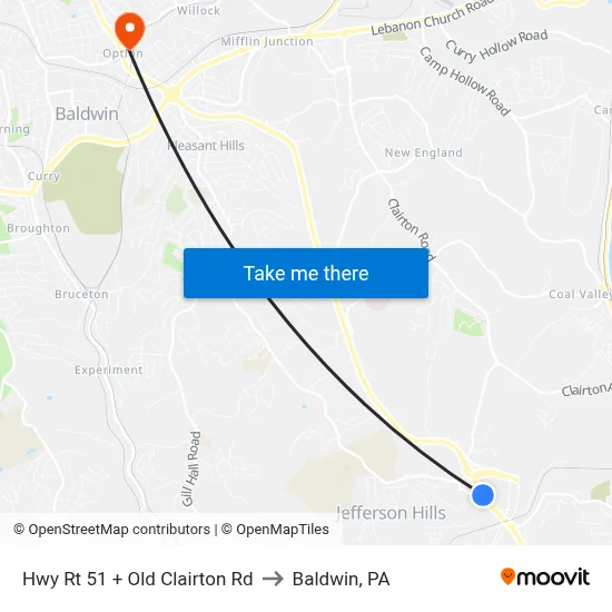 Hwy Rt 51 + Old Clairton Rd to Baldwin, PA map