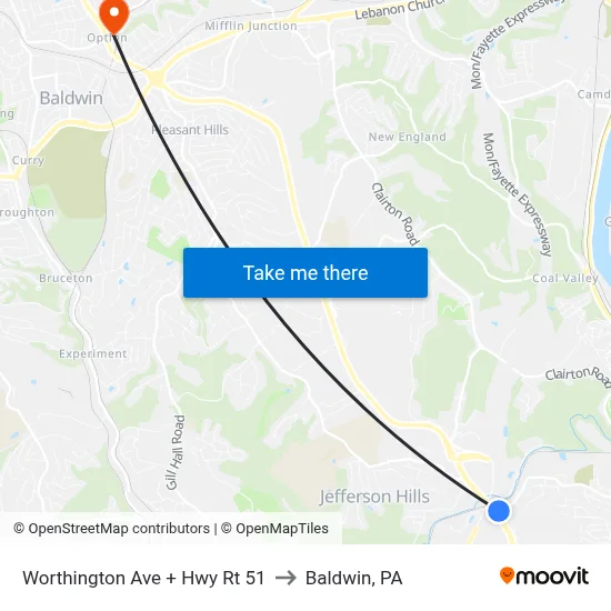 Worthington Ave + Hwy Rt 51 to Baldwin, PA map
