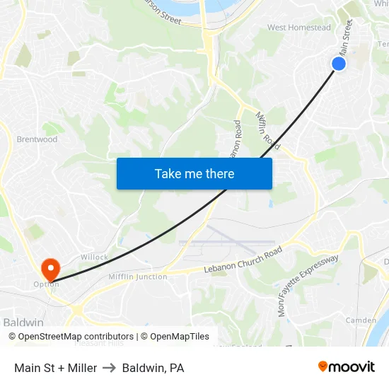 Main St + Miller to Baldwin, PA map