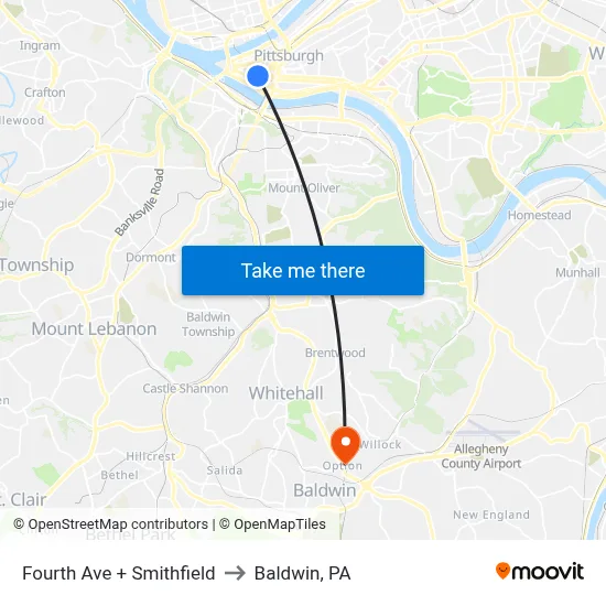 Fourth Ave + Smithfield to Baldwin, PA map