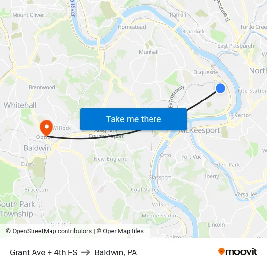 Grant Ave + 4th FS to Baldwin, PA map