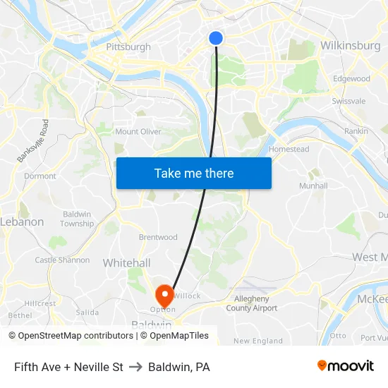 Fifth Ave + Neville St to Baldwin, PA map