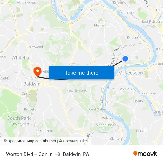 Worton Blvd + Conlin to Baldwin, PA map