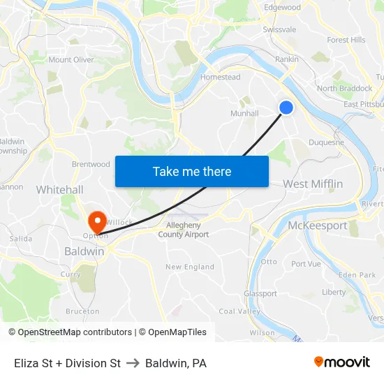 Eliza St + Division St to Baldwin, PA map