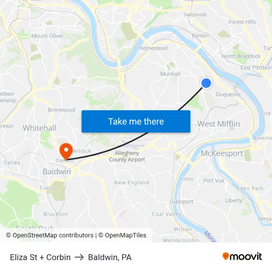 Eliza St + Corbin to Baldwin, PA map