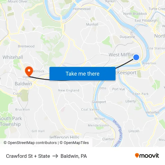 Crawford St + State to Baldwin, PA map
