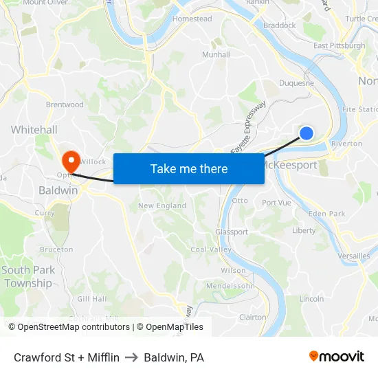 Crawford St + Mifflin to Baldwin, PA map