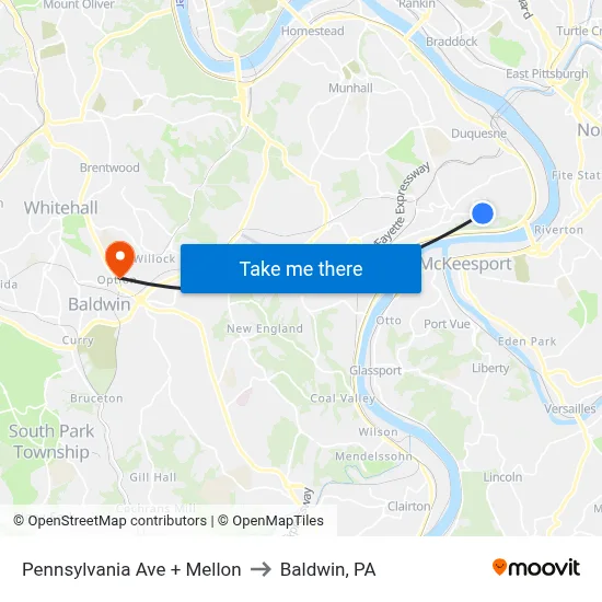Pennsylvania Ave + Mellon to Baldwin, PA map