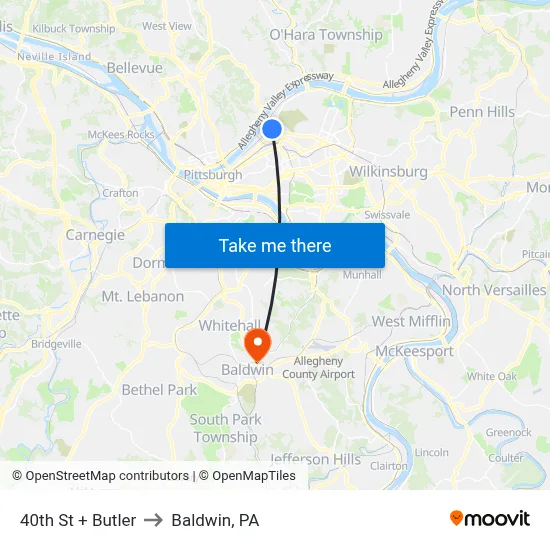 40th St + Butler to Baldwin, PA map