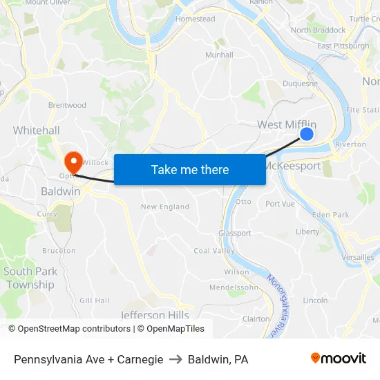 Pennsylvania Ave + Carnegie to Baldwin, PA map