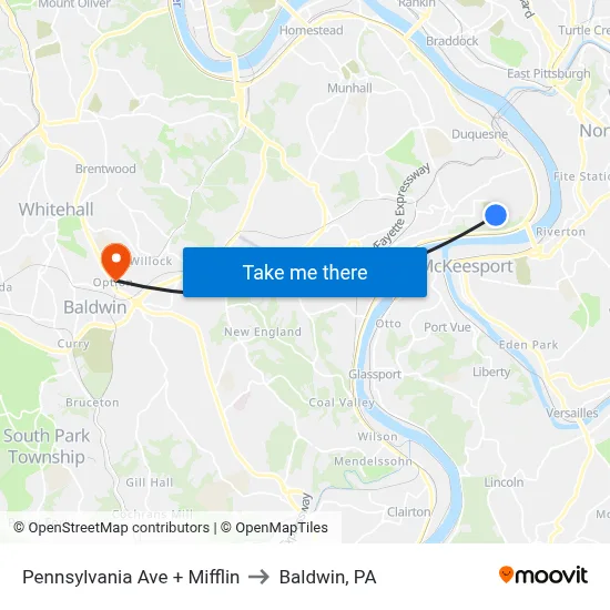 Pennsylvania Ave + Mifflin to Baldwin, PA map
