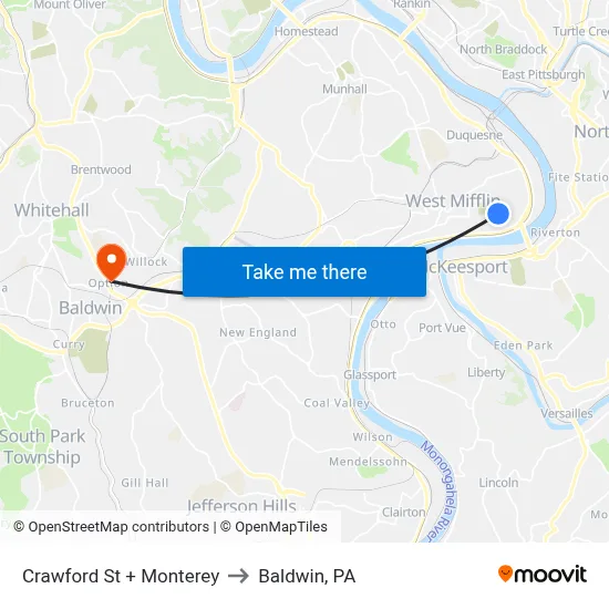 Crawford St + Monterey to Baldwin, PA map
