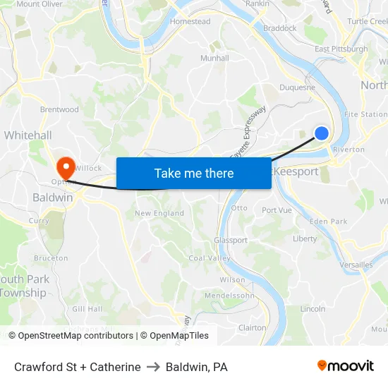 Crawford St + Catherine to Baldwin, PA map