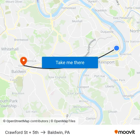 Crawford St + 5th to Baldwin, PA map