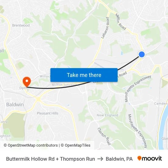 Buttermilk Hollow Rd + Thompson Run to Baldwin, PA map