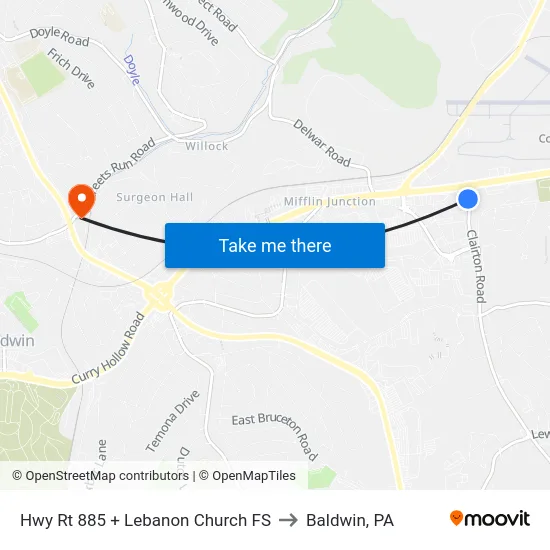 Hwy Rt 885 + Lebanon Church FS to Baldwin, PA map
