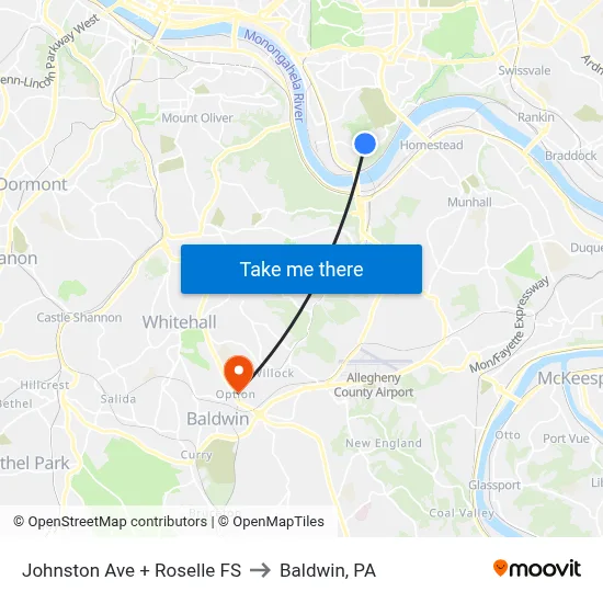 Johnston Ave + Roselle FS to Baldwin, PA map