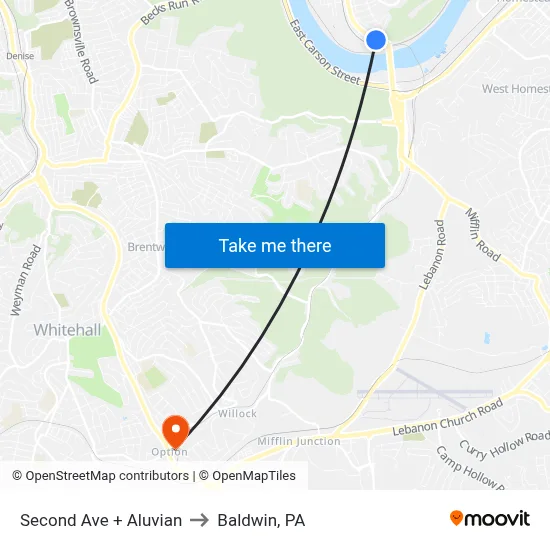 Second Ave + Aluvian to Baldwin, PA map