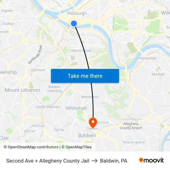 Second Ave + Allegheny County Jail to Baldwin, PA map