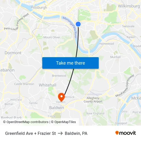 Greenfield Ave + Frazier St to Baldwin, PA map