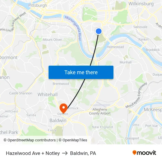 Hazelwood Ave + Notley to Baldwin, PA map