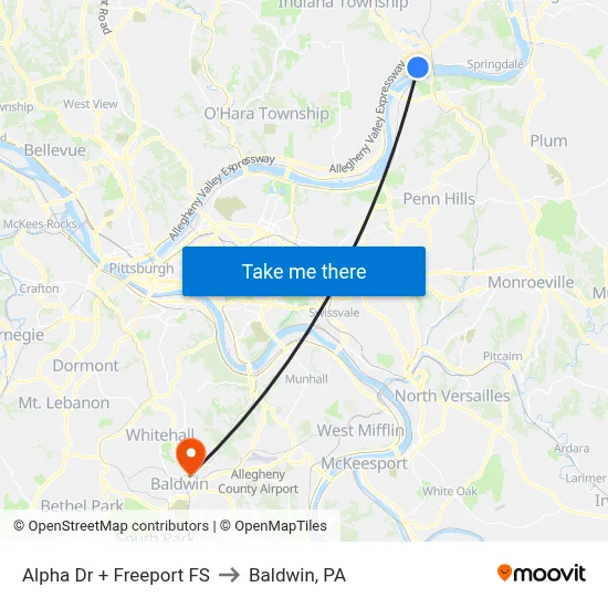 Alpha Dr + Freeport FS to Baldwin, PA map