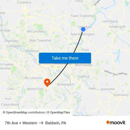 7th Ave + Western to Baldwin, PA map