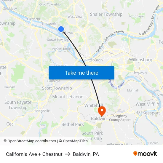 California Ave + Chestnut to Baldwin, PA map