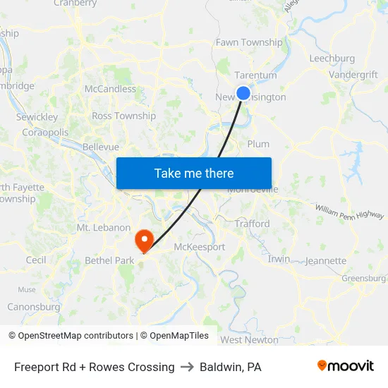 Freeport Rd + Rowes Crossing to Baldwin, PA map