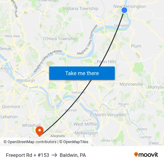 Freeport Rd + #153 to Baldwin, PA map