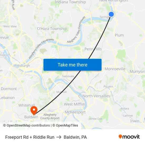 Freeport Rd + Riddle Run to Baldwin, PA map