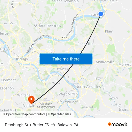 Pittsburgh St + Butler FS to Baldwin, PA map