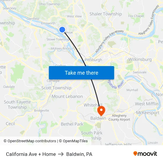 California Ave + Home to Baldwin, PA map