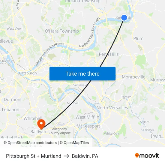 Pittsburgh St + Murtland to Baldwin, PA map