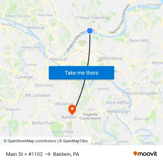 Main St + #1102 to Baldwin, PA map