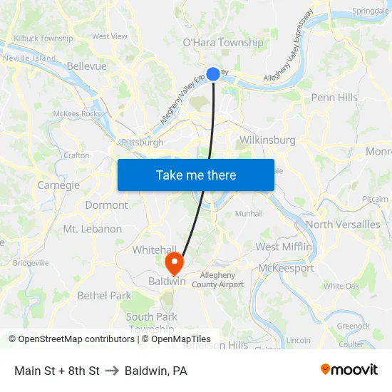 Main St + 8th St to Baldwin, PA map