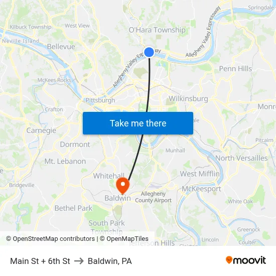 Main St + 6th St to Baldwin, PA map
