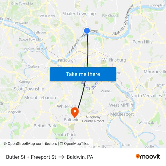 Butler St + Freeport St to Baldwin, PA map