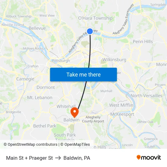 Main St + Praeger St to Baldwin, PA map